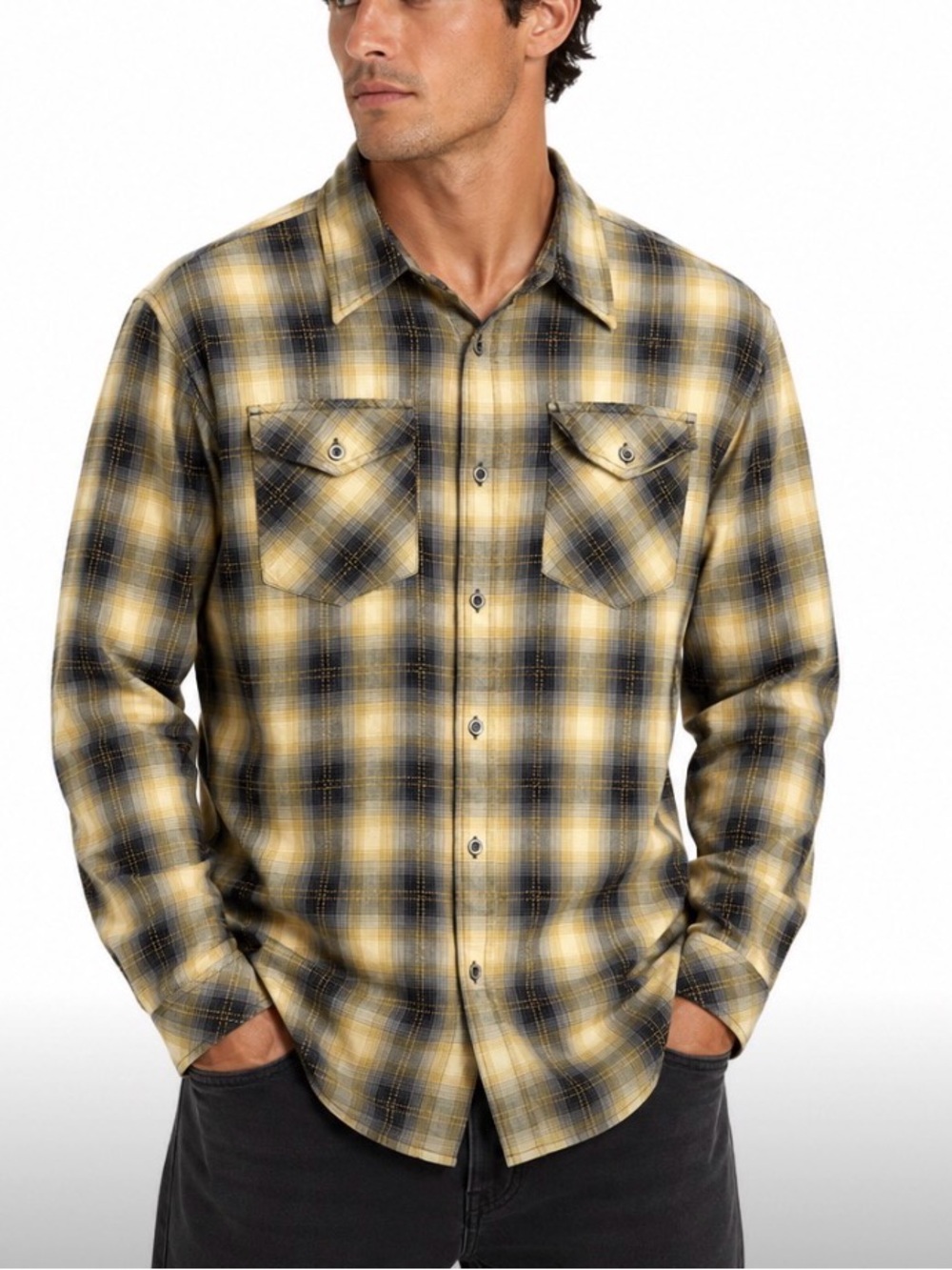 Exofficio Yellow and Black Plaid Casual Button-Down Shirt